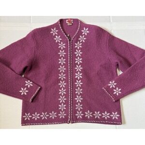 ALPS - Women's Vintage Pink Snowflake Wool Zip Cardigan Sweater - Size Large